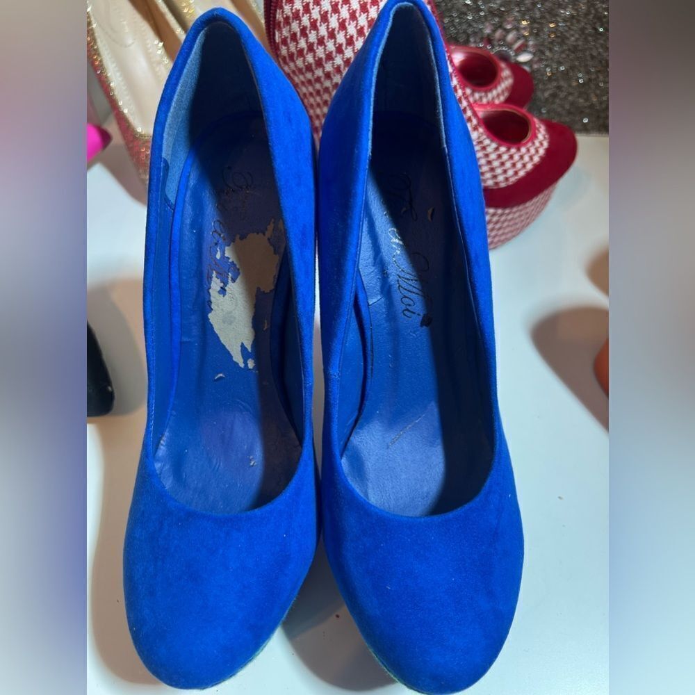 🛍️ Blue green suede, embroidered platform, stiletto pumps, high heels, size 7 - Picture 8 of 16